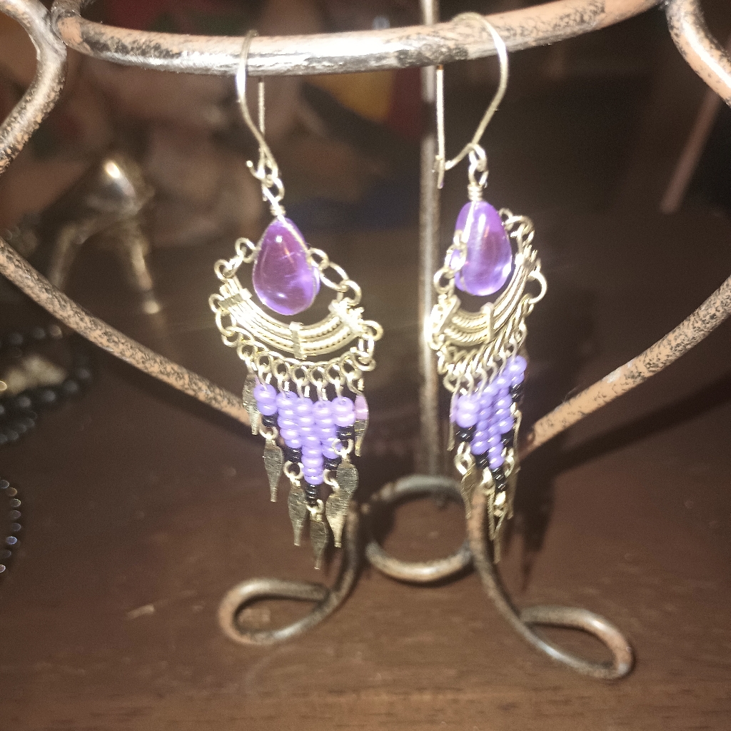 Handmade Elegant Purple And Silver Dangle Earrings